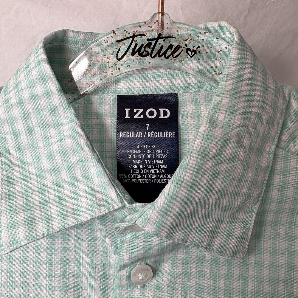 IZOD Boys Kids‎ Checkered Button Down Shirt Mint Green Long Sleeve Size 7R